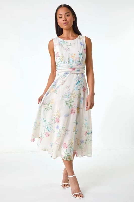 Roman Womens Petite Floral Gathered Waist Midi Dress in Ivory Size: 14 Ivory Female 14