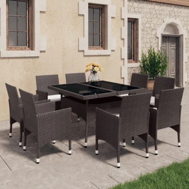 VIDAXL 9 Piece Garden Dining Set Poly Rattan and Tempered Glass Brown Vidaxl 8720286852248