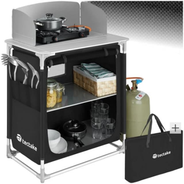Tectake Camping Kitchen Royal Easy Up Large Camping Storage Unit Kitchen Stand Foldable 2 Compartments - Black