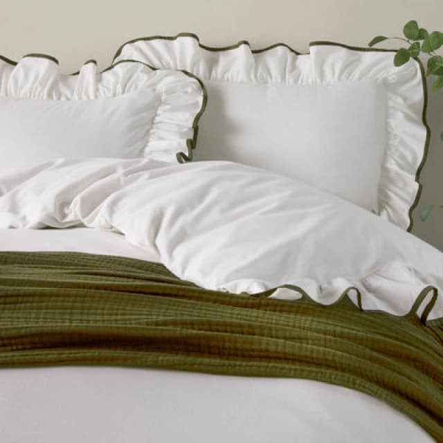 Wylder Blousey Ruffled 100% Cotton Pillowcase Pair in Olive Olive Unisex
