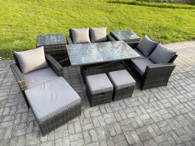 Fimous 8 Seater Outdoor Rattan Patio Furniture Set Garden Height Adjustable Rising Lifting Table Sofa Dining Set with 2 Side Tables 3 Footstools Dark