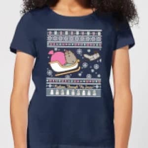 Pusheen Through The Snow Womens Christmas T-Shirt - Navy - L