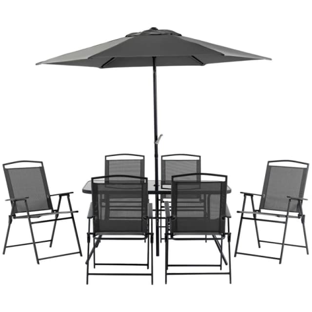 Outsunny 8 Pieces Garden Table and Chairs with Parasol Tempered Glass Top Black - Outsunny 5056725509552