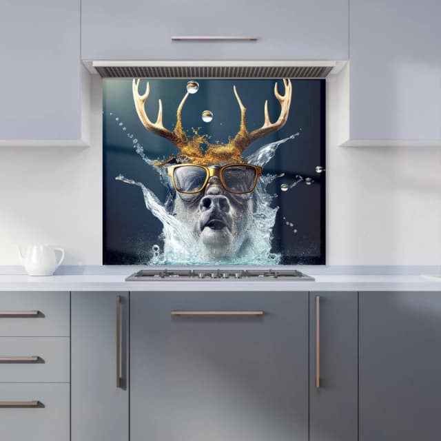 Warren Reed - Designer Stag With Glasses Splashart Kitchen Splashback in Grey Size: 600mm x 750mm Grey Unisex 600mm x 750mm