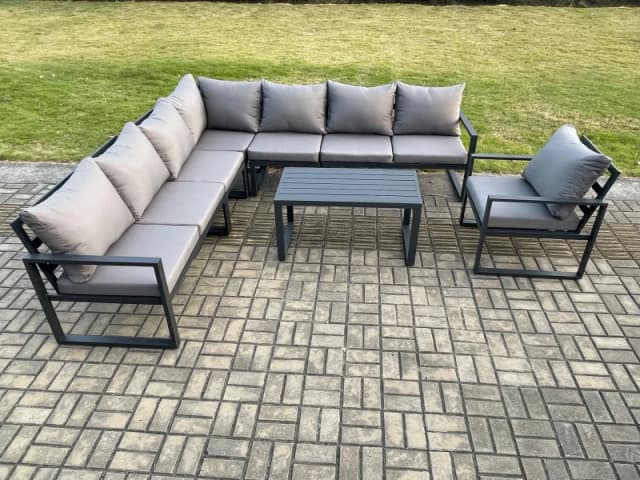 Fimous Aluminium Patio Outdoor Garden Furniture Lounge Corner Sofa Set with Oblong Coffee Table Chair Dark Grey Dark Grey Unisex