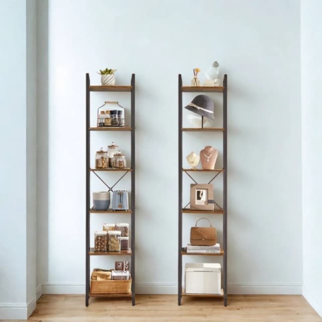 Pirlo Plush Industrial 6 Tier Tall Narrow Bookcase Shelves Rustic Brown Brown Unisex