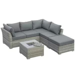 Outsunny 5-Seater Patio PE Rattan Sofa Set, Outdoor Wicker Sectional Conversation Aluminum Frame Furniture Set, Tea Table with Ice Bucket, Light Grey