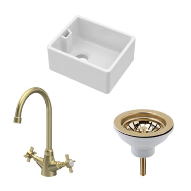 Balterley Fireclay Compact 1 Bowl Belfast Sink Waste Tap Brushed Brass 460mm Bronze