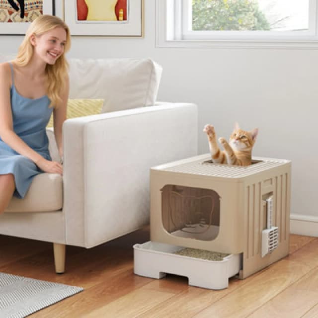 Pawhut Foldable Cat Litter Box With Lid, Slide-Out Drawer, Khaki