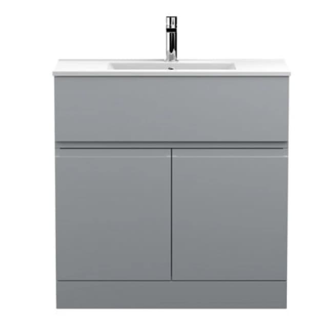 Nuie Hudson Reed Urban Floor Standing 2 Door 1 Drawer Vanity Unit With Minimalist Basin, Modern Vanity Unit In Satin Grey, 800mm