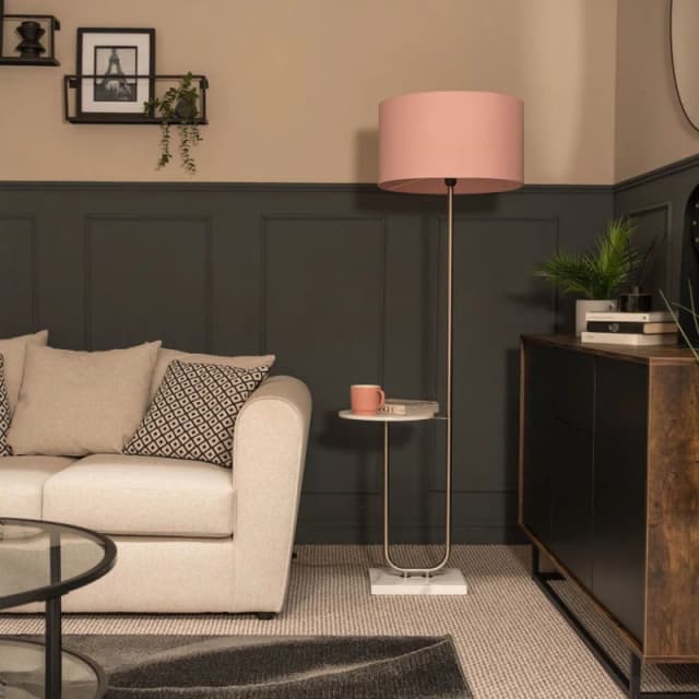 ValueLights Tavel Brushed Chrome Marble Base Floor Lamp With Table And Large Blush Pink Shade Silver
