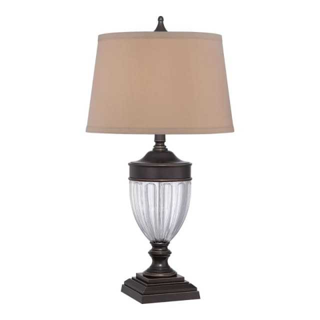 Loops Table Lamp Glass & Metal Tan Fabric Shade Palladian Bronze LED E27 100W Clear