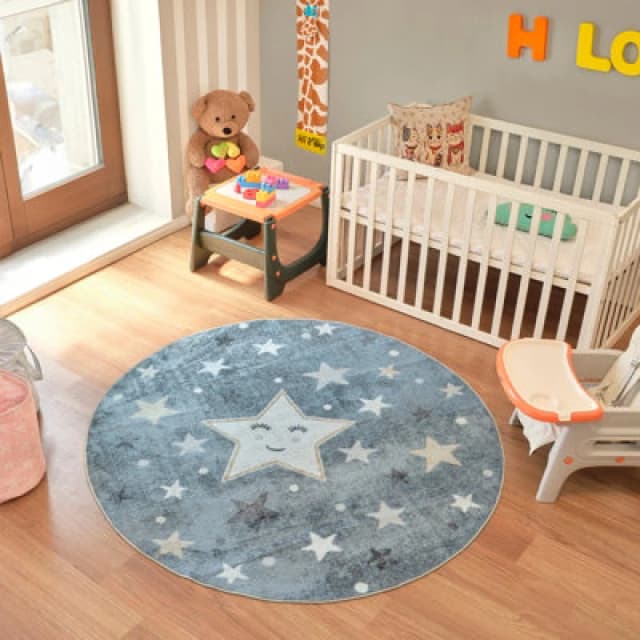 Livabliss Round Kids Machine Washable Blue/beige Bedroom Supermama Area Rug 160 X 160 Cm - Easy Care, Soft & Safe Rug For Kids Spaces