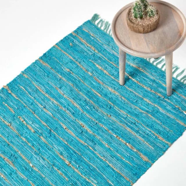 Homescapes Leather Glitter Rug Turquoise
