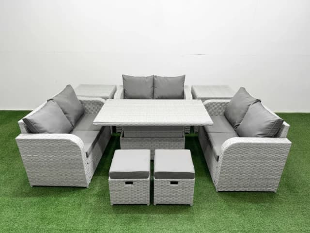 Fimous 8 Seater PE Wicker Rattan Furniture Sofa Sets with Adjustable Lifting Dining or Coffee Table 2 Seater Love Sofa 2 Stool 2 Side Table Light Grey