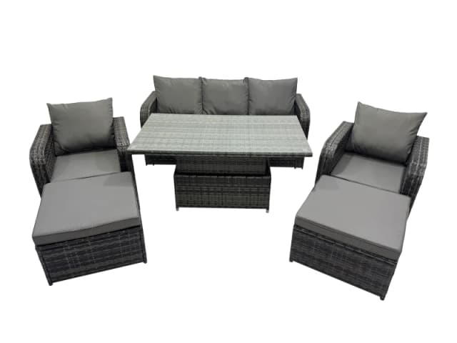 Fimous Rattan Garden Furniture Dining Set 6-seater with Big Footstool in Dark Grey Dark Grey Unisex