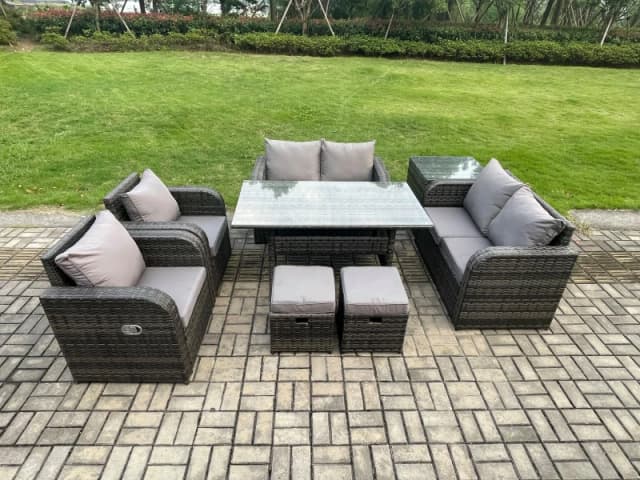 Fimous Rattan Outdoor Furniture Garden Dining Set Rectangular Table & Chair Sofa Set With Side Table 2 Small Footstools in Dark Grey Dark Grey Unisex