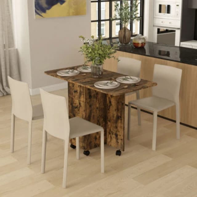 HOMCOM Folding Dining Table - Drop Leaf Table With Drawers Distressed - Rustic Brown TJ Hughes Oak 5061025072958