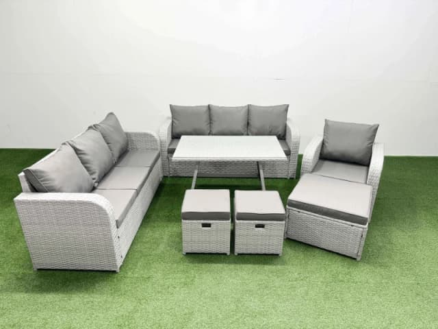 Fimous 7 Pieces Outdoor PE Rattan Garden Furniture with 3 Stool Light Grey Light Grey Unisex
