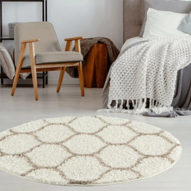 THE RUGS Soft Trellis Shaggy Rugs & Runners Ivory & Beige Living Room Size: 120cm diameter Beige Unisex 120cm diameter
