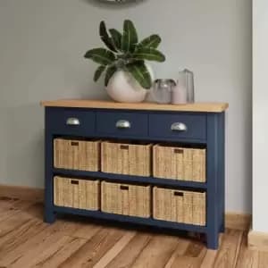 Rye Two Tone Oak & Blue 9 Drawer Hallway/Bathroom Storage Unit With Wicker Baskets