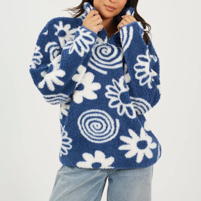 Brave Soul Womens Flower Print High Neck Fleece Sweatshirt Blue/Cream female 8 (XS)