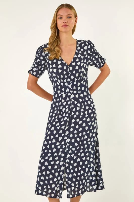 Roman Womens Heart Print Ruched Midi Dress in Navy Size: 10 Navy Female 10