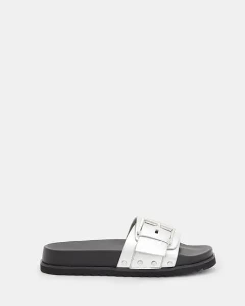 AllSaints Ellie Buckle Metallic Leather Sliders