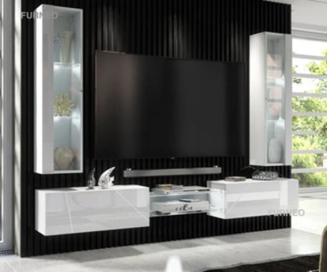 Furneo White Floating TV Unit High Gloss Matt Living Room Set Display Cabinets Art 01/02 White LED Lights