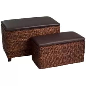 Premier Housewares Ottoman Storage Set of 2 - Cattail Leaf/Brown Leather