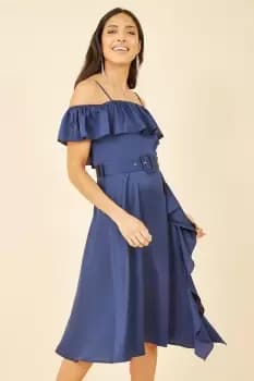 Navy Bardot Satin Frill Dress With Belt