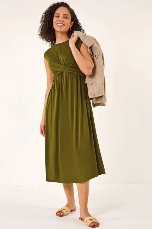 Roman Womens Crossover Front Stretch Midi Dress in Khaki Size: 14 Khaki Female 14