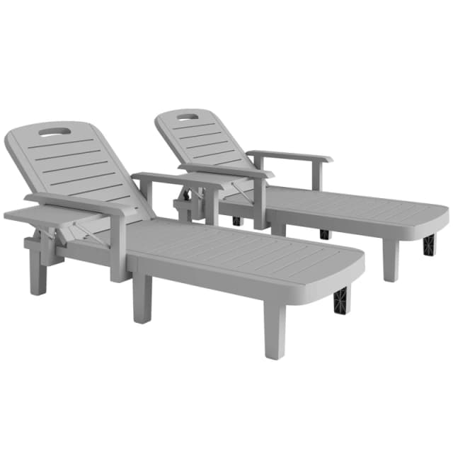 Outsunny Set of 2 Resin Reclining Sun Loungers for Garden, Light Grey 84G-789V01LG