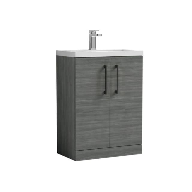 Balterley Bathroom Vanity Basin Unit, Black Handles, 600mm, Wood Grey Grey Unisex