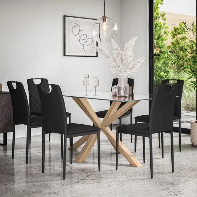More4Homes Etta Glass Dining Table And Chairs - Glass Top W Solid Oak Legs + Monza Faux Leather Dining Chair Set Of 6 (Black)