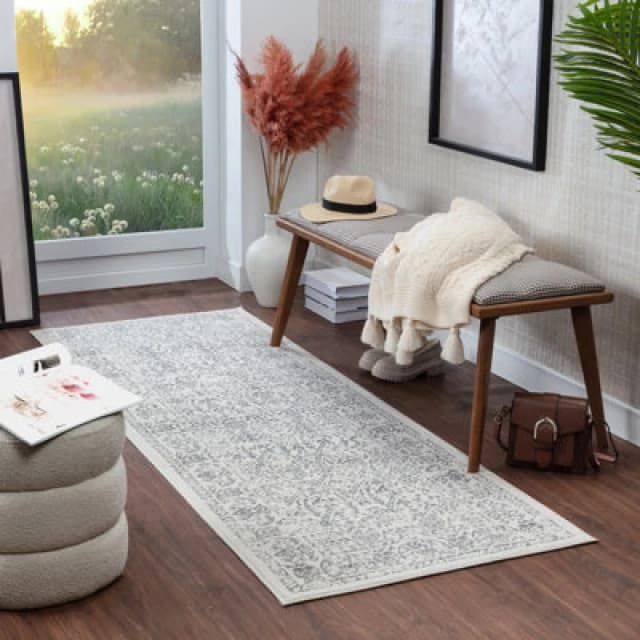 Livabliss Vintage Oriental Boho Grey/ivory Margaux Runner Rug 80 X 220 Cm - Easy Care, Non Shedding, Ideal For Hallway Or Beside The Bed