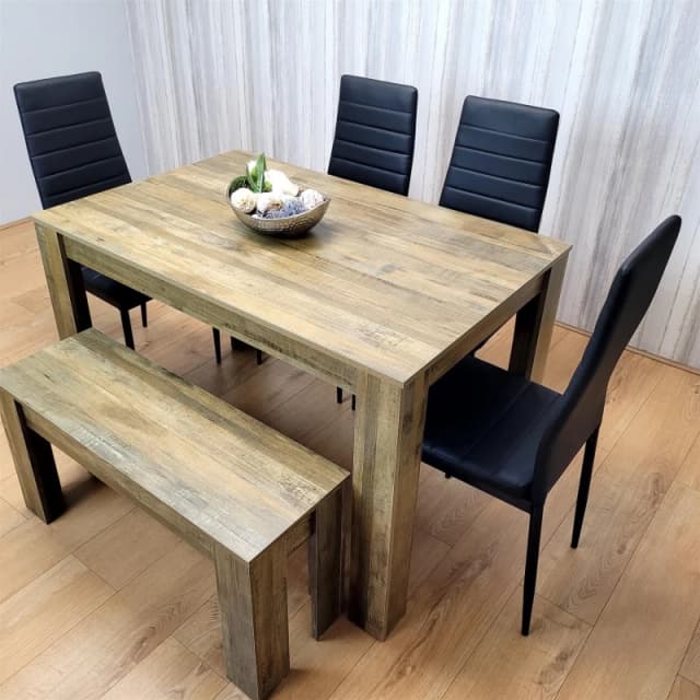 KOSY KOALA KOSY KOALA Wooden Dining Table Set for 6 Rustic Effect Table With 4 Black Leather Chairs and 1 Bench in Brown Size: 140cm x 80cm Brown 14
