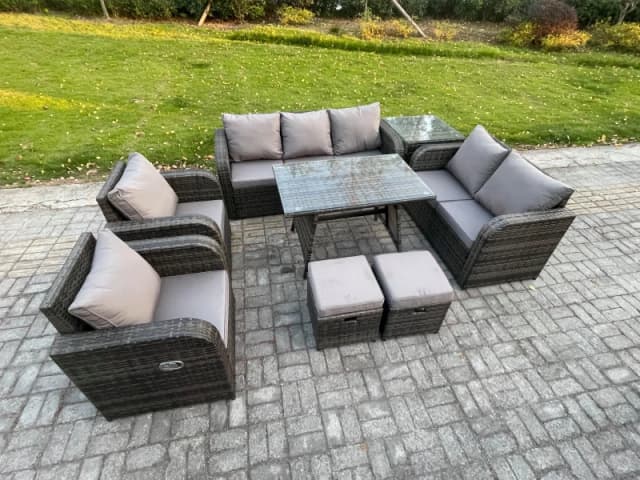 Fimous 9 Seater High Back PE Rattan Sofa Set Outdoor Garden Furniture Dining Table Set With Reclining Chair 3 Seater Sofa Dark Grey