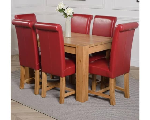 Thats Furniture Kuba 125x80cm Chunky Oak Small Dining Table & 6 Washington Leather Chairs in Red Size: 125x80cm Red Unisex 125x80 cm