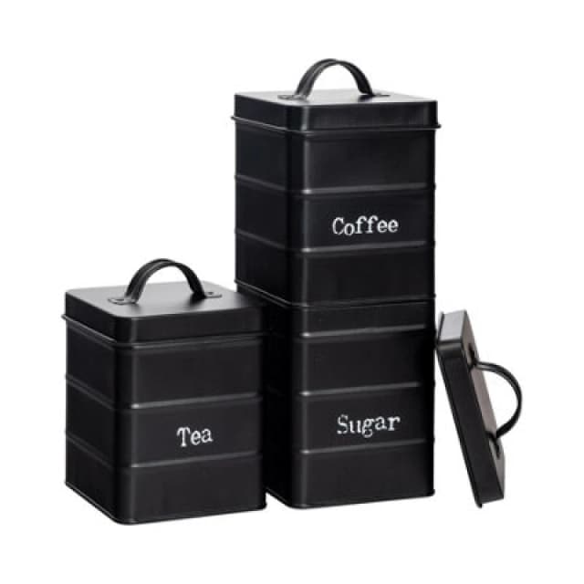 Harbour Housewares Kitchen Tea Coffee Sugar Canisters - Black - Vintage Metal Storage Caddy Tin Jar