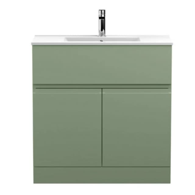 Hudson Reed Urban Floor Standing 2 Door 1 Drawer Vanity Unit With Minimalist Basin, Modern Vanity Unit In Satin Green, 800mm