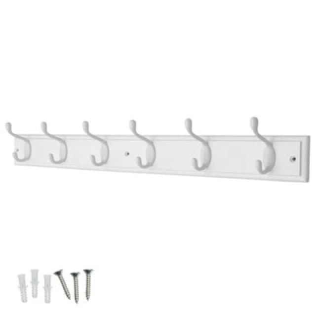 Keypak 6-Hook Wall-Mounted Coat Rack, 68Cm - White Wooden Board, White Coat Hooks - Fixings Included