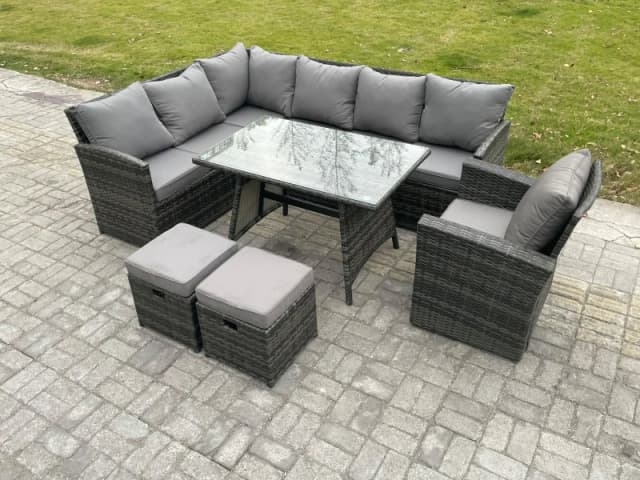 Fimous Wicker Rattan Garden Furniture Corner Sofa Set with Oblong Dining Table 2 Small Footstools Chair in Dark Grey Dark Grey Unisex