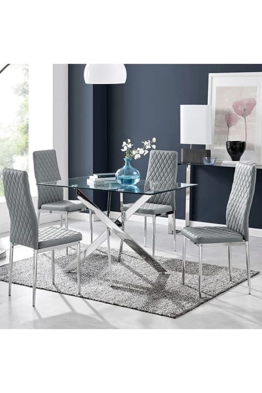 FurnitureboxUK FurnitureboxUK Leonardo Glass And Chrome Metal Dining Table And 4 Milan Chairs Set in Grey Grey One Size Unisex 5056542634482