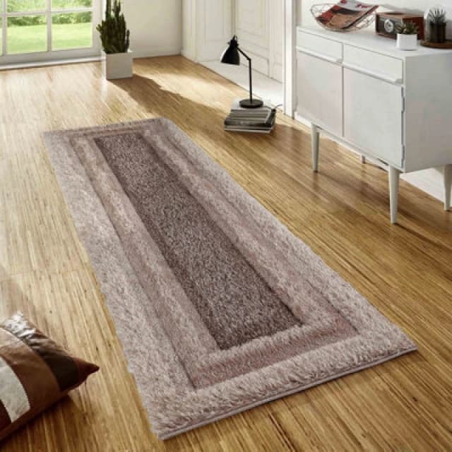 Modern Soft Bordered Shimmer Shaggy Area Rugs Bronze 60X220 Cm