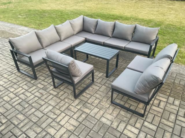 Fimous Aluminium 10 Seater Patio Outdoor Garden Furniture Lounge Corner Sofa Set with Oblong Coffee Table Dark Grey Dark Grey Unisex