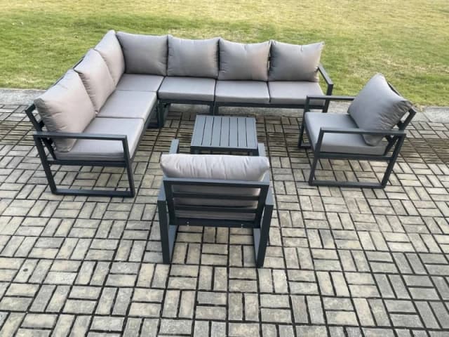 Fimous Aluminium Garden Furniture Set Outdoor Lounge Corner Sofa 2 Pcs Chair Square Coffee Table Sets Dark Grey 8 Seater Dark Grey Unisex