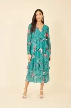 Green Crane Print Long Sleeve Wrap Midi Dress