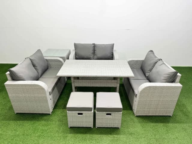Fimous 8 Seater PE Wicker Rattan Furniture Sofa Sets with Rectangular Dining Table 2 Seater Love Sofa 2 Stool Side Table Light Grey Light Grey