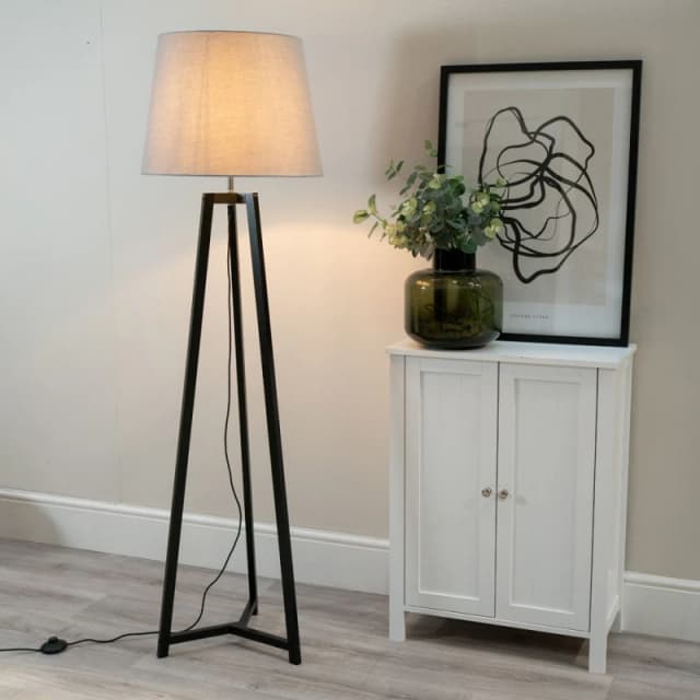 ValueLights Lottie Black Wood Tripod Floor Lamp with Fabric Tapered Shade Grey